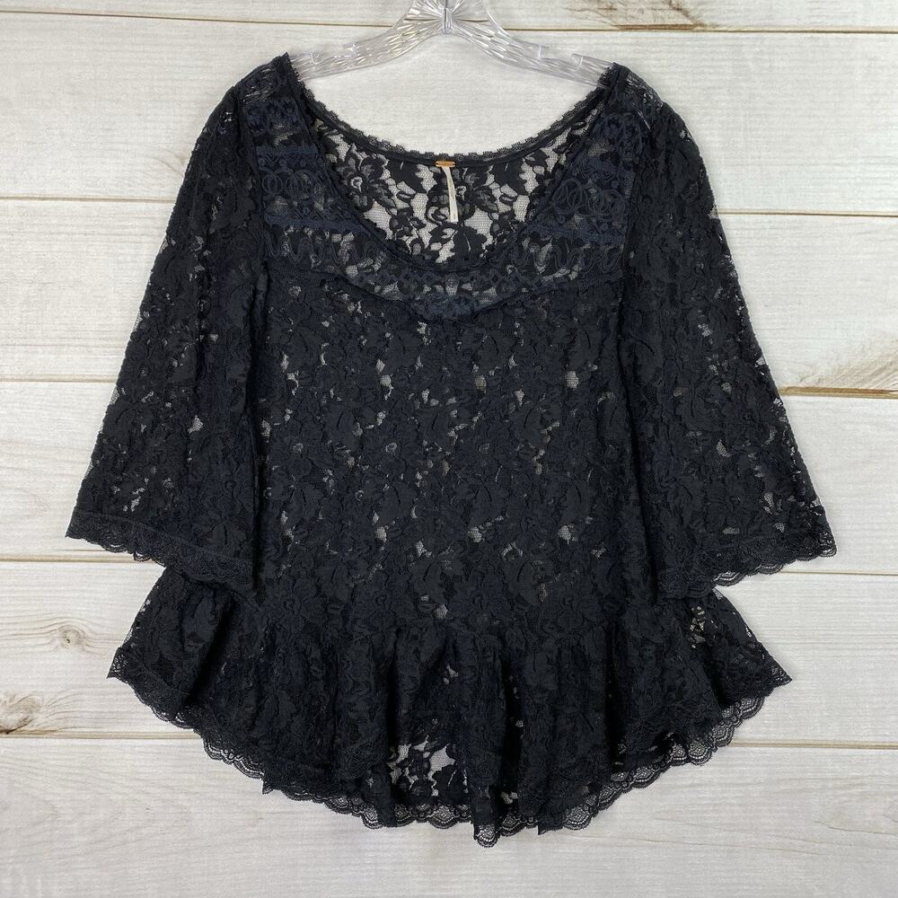 Free People Top Womens S Black Floral All Lace 3/4 Bell Sleeve Ruffle Hem Boho